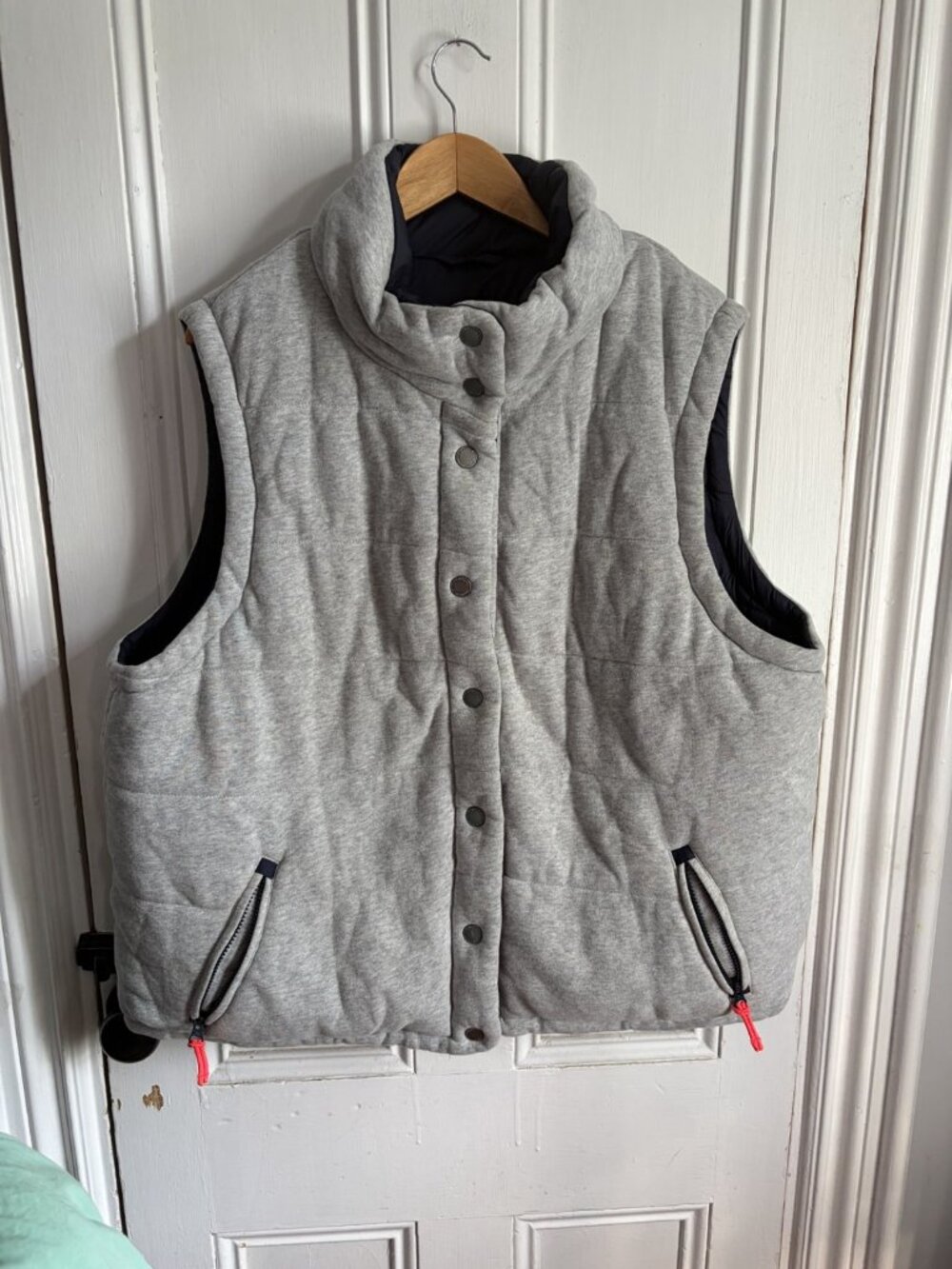 Boden Reversible Quilted Puffer Vest Gilet Gray Marl & Navy Snap Front Women's